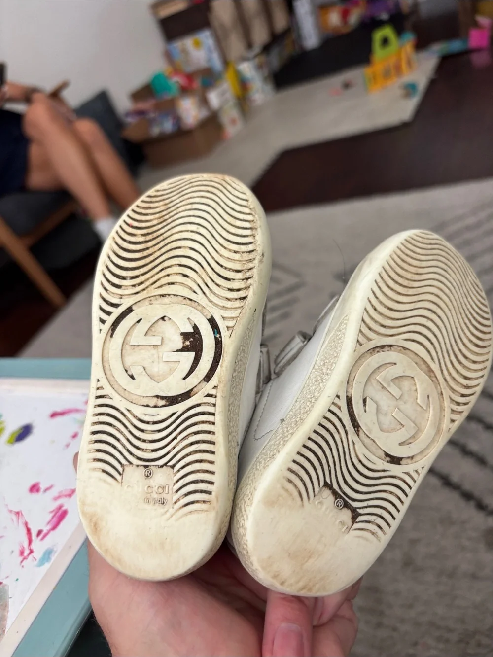 Gucci Kids White and Gray Leather Sneakers